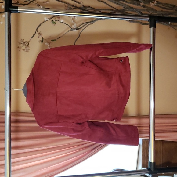 Burgundy (Faux) Suede Moto Jacket.  Red Motorcycle Jacket S. NWT. Express. - Picture 9 of 9
